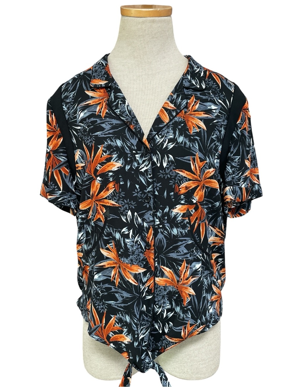 The Kooples Blouse Black Short-Sleeve Button-Down Orange Tropical Palms Large